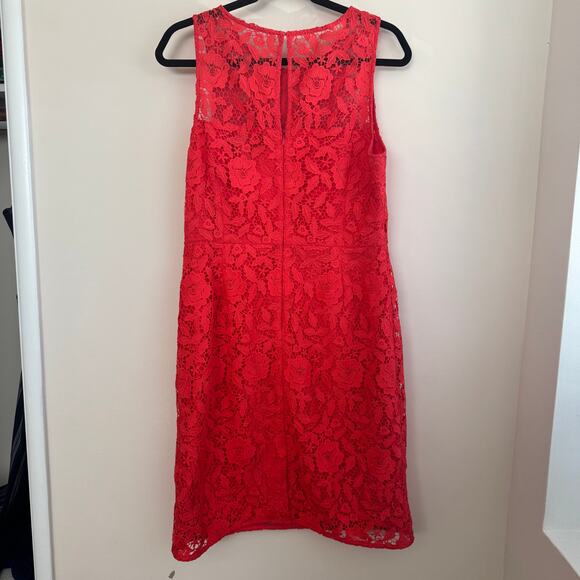 J.Crew Sheath Lace Overlay Dress Red Floral Round Neck Back Zip Sleeveless Sz 12 - Picture 7 of 7